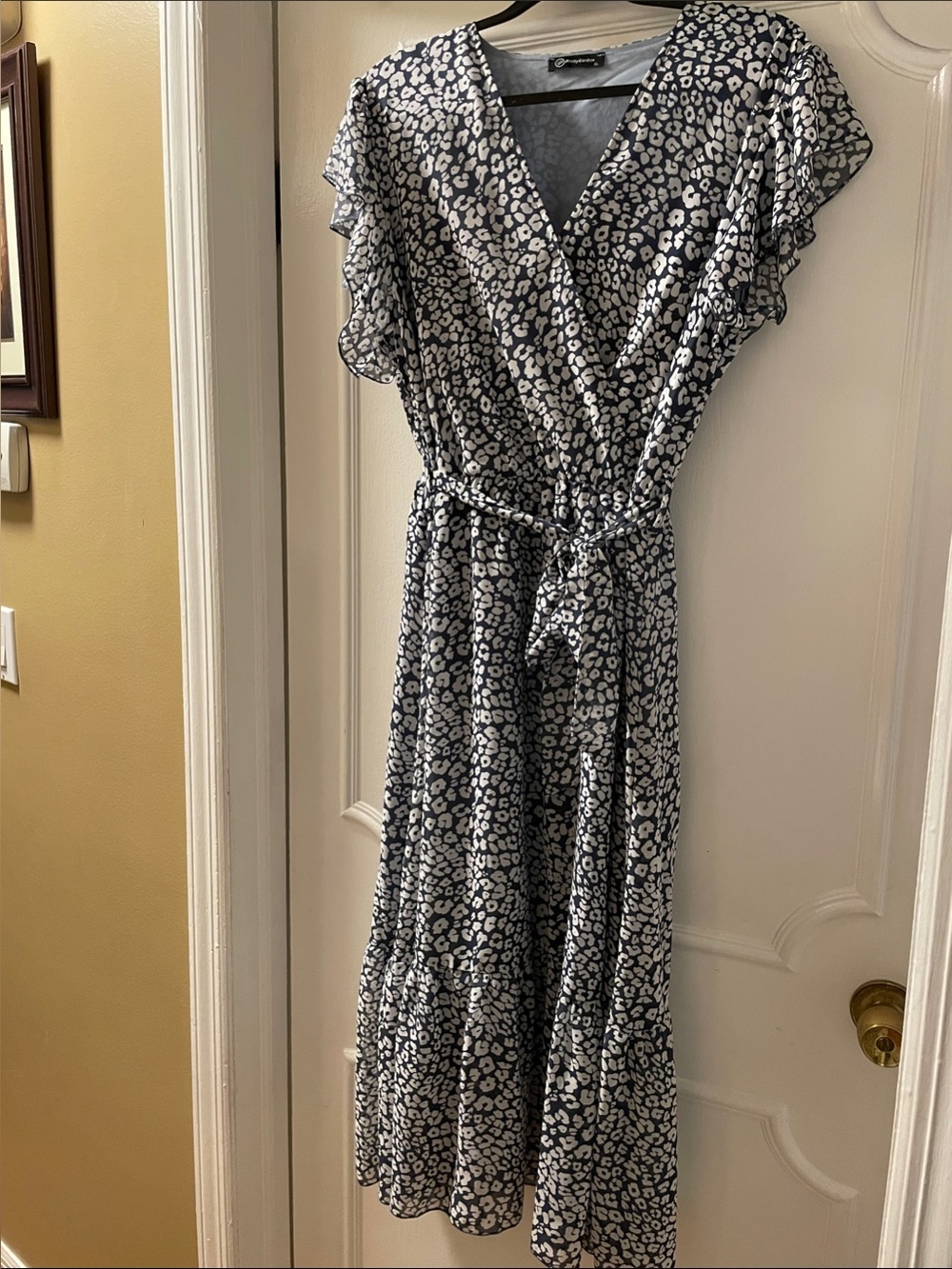 Navy and White Printed Wrap Midi Dress with Tie Waist